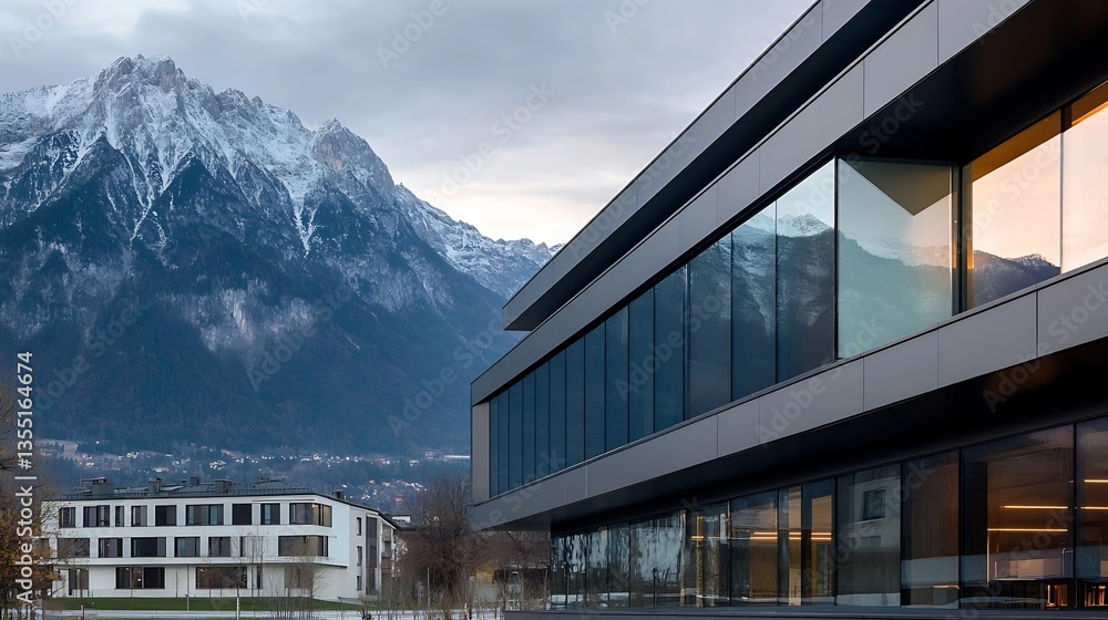 Poster modern architecture with large windows against a backdrop of snowcapped mountains : generative ai
