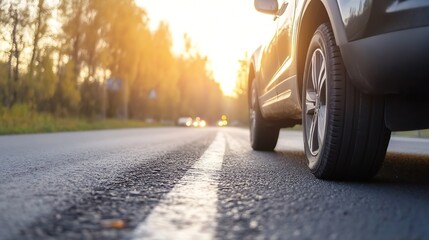 Closeup view of a black car tire on a winding road at sunset showcasing freedom and adventure : Generative AI