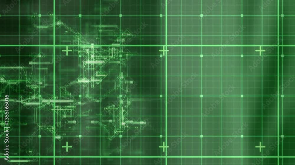 Poster animation of glowing green lines forming complex geometric patterns on digital grid