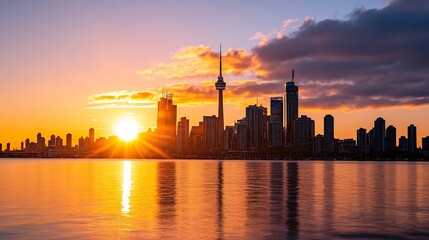Obraz premium Stunning sunset over the city reflecting on a serene waterfront with iconic skyscrapers : Generative AI