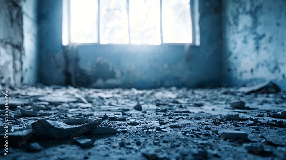 Aufkleber abandoned room with debris strewn across the floor and blue light filtering through broken windows :