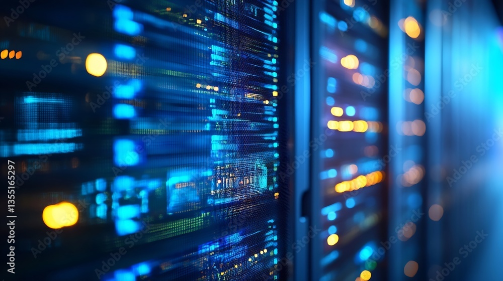 Poster Modern server technology with illuminated data points creating a captivating visual in a tech environment : Generative AI