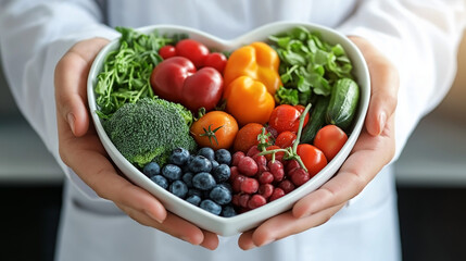 Doctor's hands holding heart-shaped bowl of fresh vegetables and berries. World Health Day