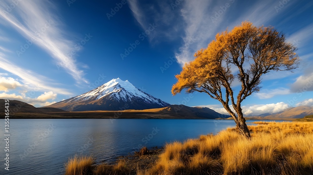 Poster Breathtaking view of solitary tree next to calm lake with snow capped mountain in the background : Generative AI