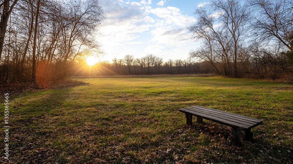 Poster beautiful sun setting behind trees in serene park landscape on a clear evening : generative ai