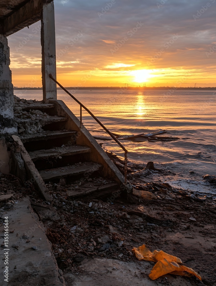 Poster ruined structure overlooking calm waters at sunset with litter along the shoreline : generative ai