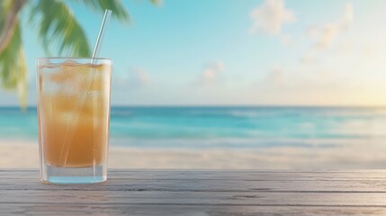 Icecold delight, glass of refreshing iced drink on rustic wooden table refreshing