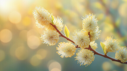 Fluffy willow catkins in soft sunlight