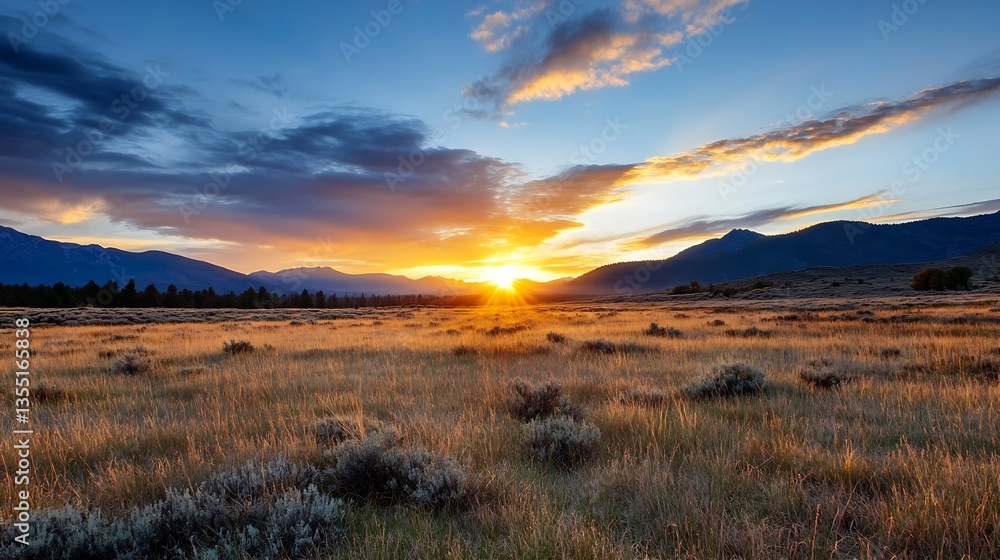 Poster A beautiful golden sunset illuminating a vast field with soft grasses and distant mountains creating a serene view : Generative AI