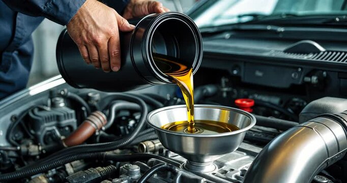 Auto mechanic adding engine oil while performing car maintenance