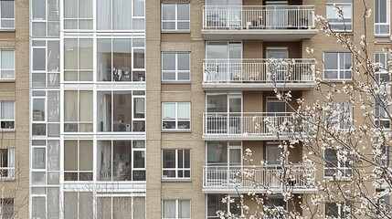 Modern Residential Building with Glass Balconies and Surrounding Blooming Trees in Urban Setting