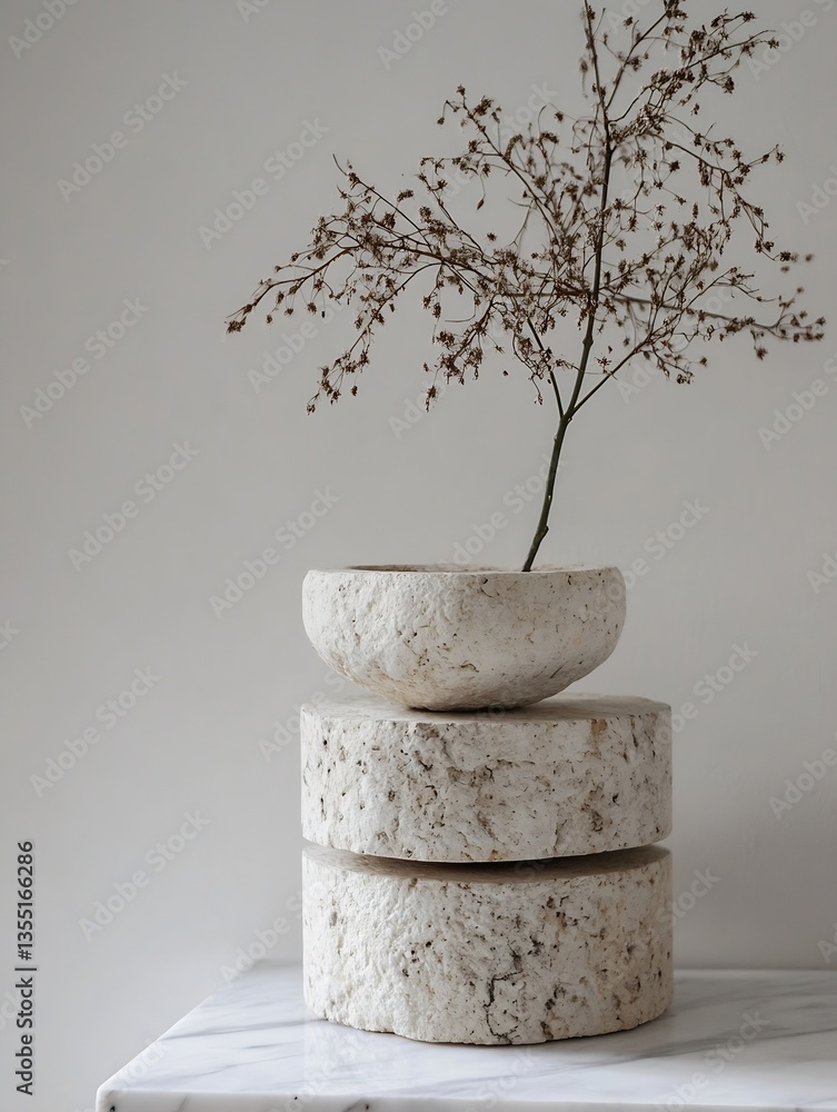 Poster elegant minimalist stone bowl arrangement with delicate dried flowers in a modern setting : generati