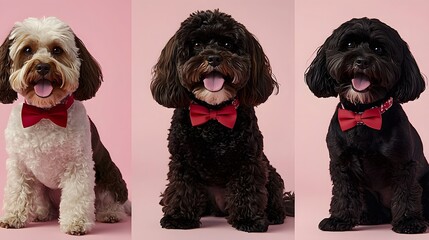 Playful Dogs in Bowties Sitting Against a Colorful Studio Background