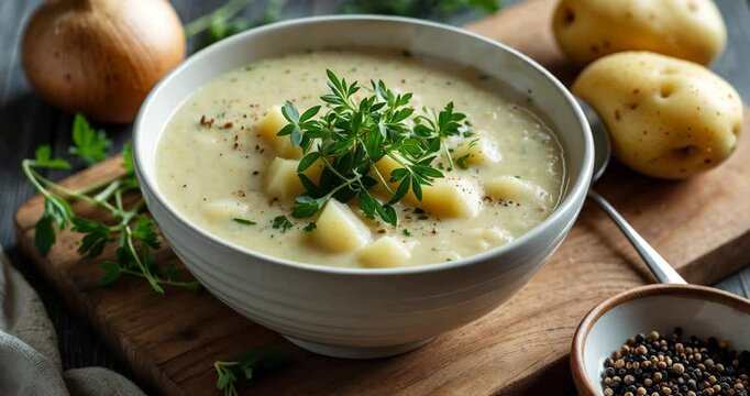 Bowl of smooth potato soup served on a wooden plate
