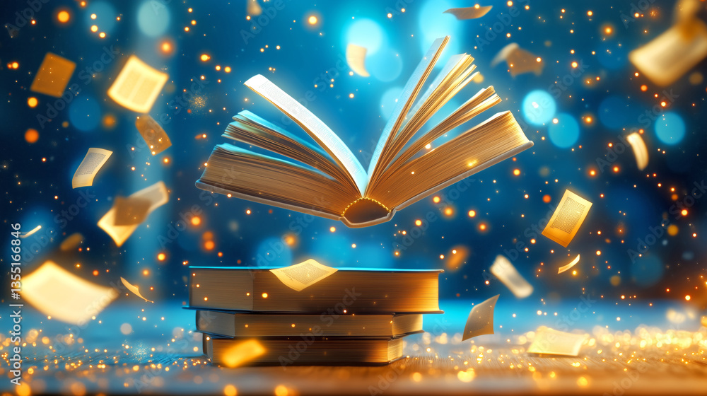 Poster a book appears to float above a stack of books, with shimmering golden pages elegantly spinning arou