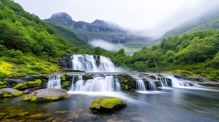 Majestic waterfall cascading down mossy rocks in a lush green valley, surrounded by misty mountains