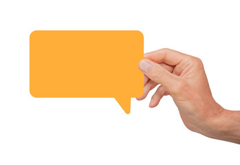 Hand holding an empty speech bubble, symbolizing communication and feedback. Concept of online