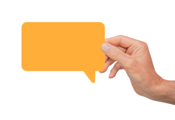 Hand holding an empty speech bubble, symbolizing communication and feedback. Concept of online