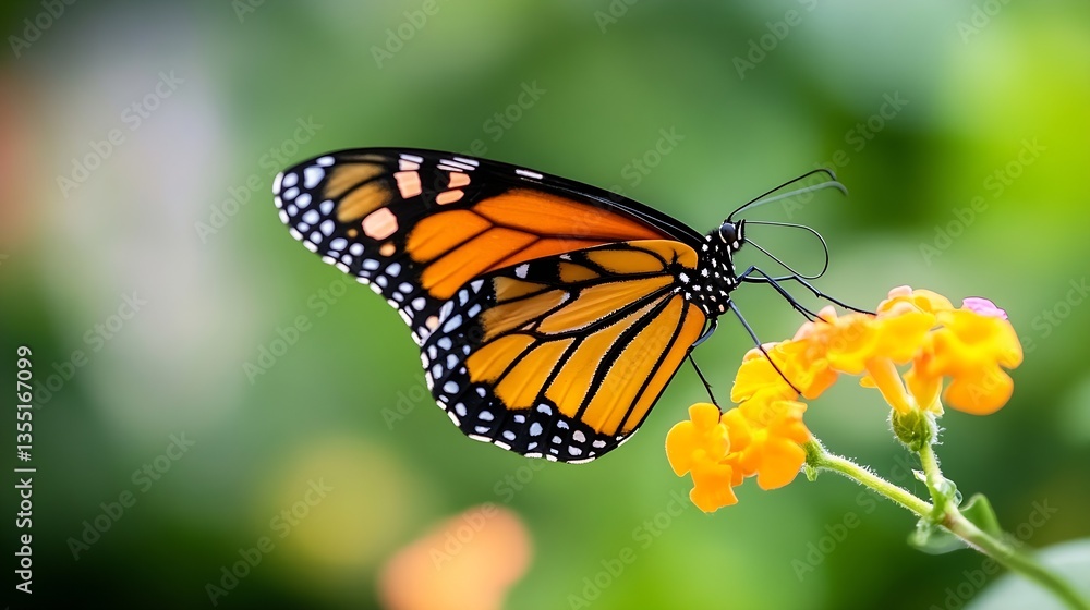 Aufkleber vibrant monarch butterfly resting on a bright flower surrounded by lush greenery in natural setting 