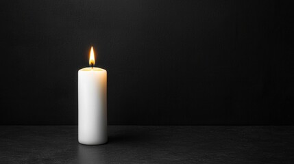 Zen productivity focus and meditation, A solitary white candle burns softly against a dark background, creating a serene and calming ambiance.