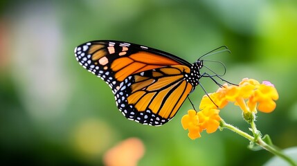 Naklejka premium Vibrant monarch butterfly resting on a bright flower surrounded by lush greenery in natural setting : Generative AI