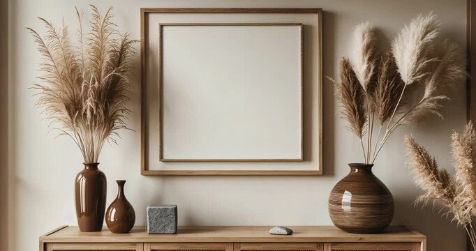 A delightful framed mockup highlighting boho decor, ideal for displaying your artwork or photography. With organic hues and natural materials, it establishes a warm and fashionable ambiance.
