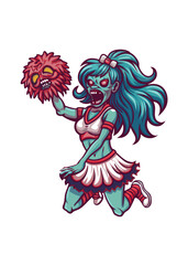 A decaying, undead cheerleader in tattered uniform, showcasing gruesome details;  a blend of horror and cheerleading aesthetics.