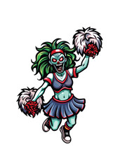 A terrifying yet alluring zombie cheerleader in tattered uniform, showcasing gruesome decay alongside remnants of her former cheerleading attire.