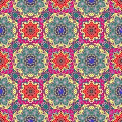 Amazing seamless pattern with flowers and leaf mandalas.