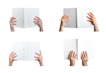 Hand holding an open hardcover book, showcasing the front and back covers. Female person reading,