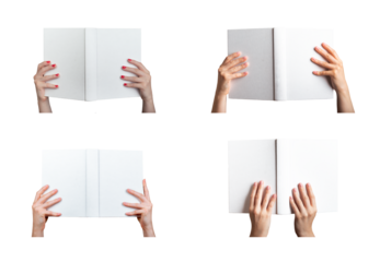 Hand holding an open hardcover book, showcasing the front and back covers. Female person reading,