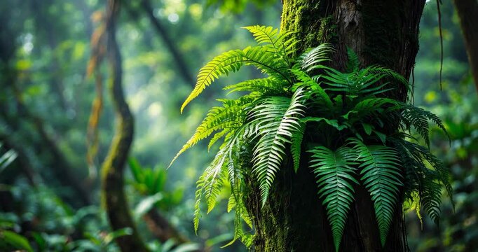 Asplenium nidus epiphytic tropical fern growing on tree bark.