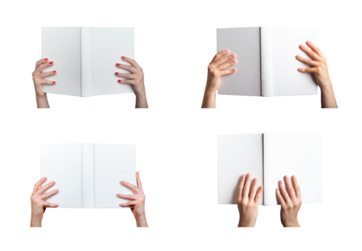 Hand holding an open hardcover book, showcasing the front and back covers. Female person reading,