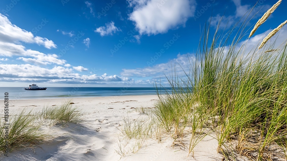 Poster Serene beach view with lush grass and calm ocean under a clear sky featuring a distant boat : Generative AI