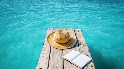 Scenic view of a rustic wooden pier extending into a turquoise sea a straw hat and summer book resting on the edge dreamy escape