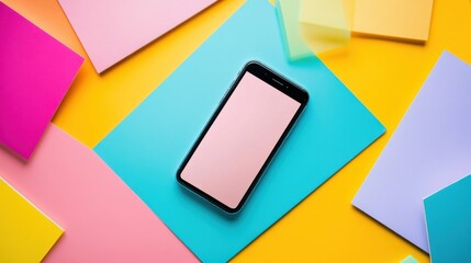 Colorful Smartphone Surrounded by Vibrant Paper Sheets on Bright Yellow Background
