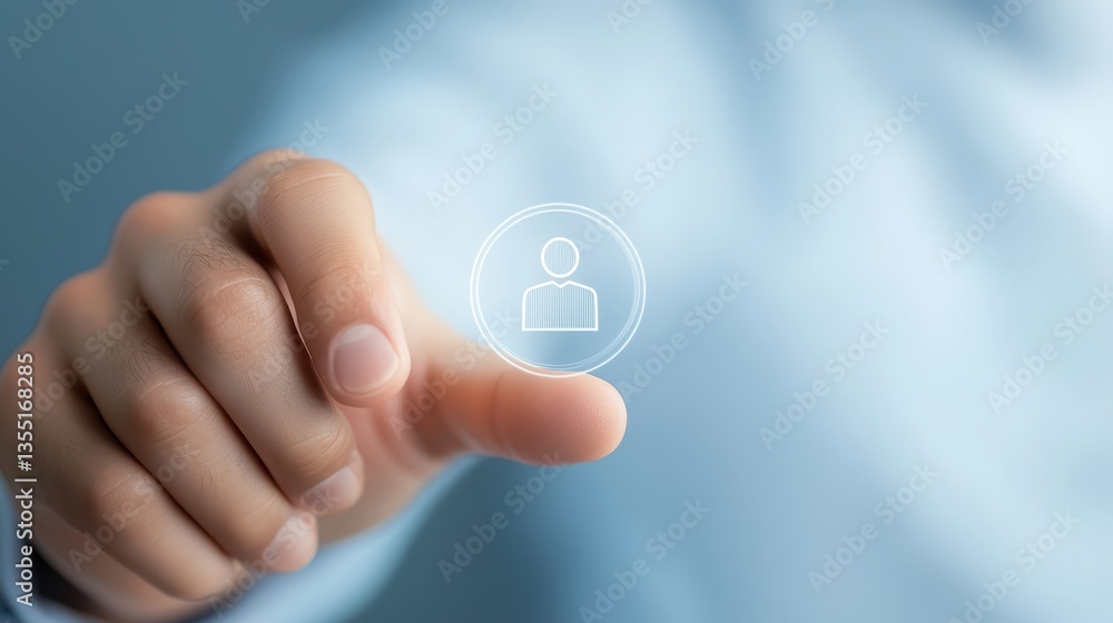 Poster person activating a user icon button, digital interaction for online access, account management, soc