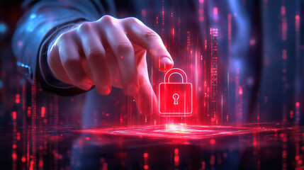 A hand reaches towards a glowing lock symbol on a digital interface filled with cascading data in vibrant red hues. This represents the theme of cybersecurity and data protection