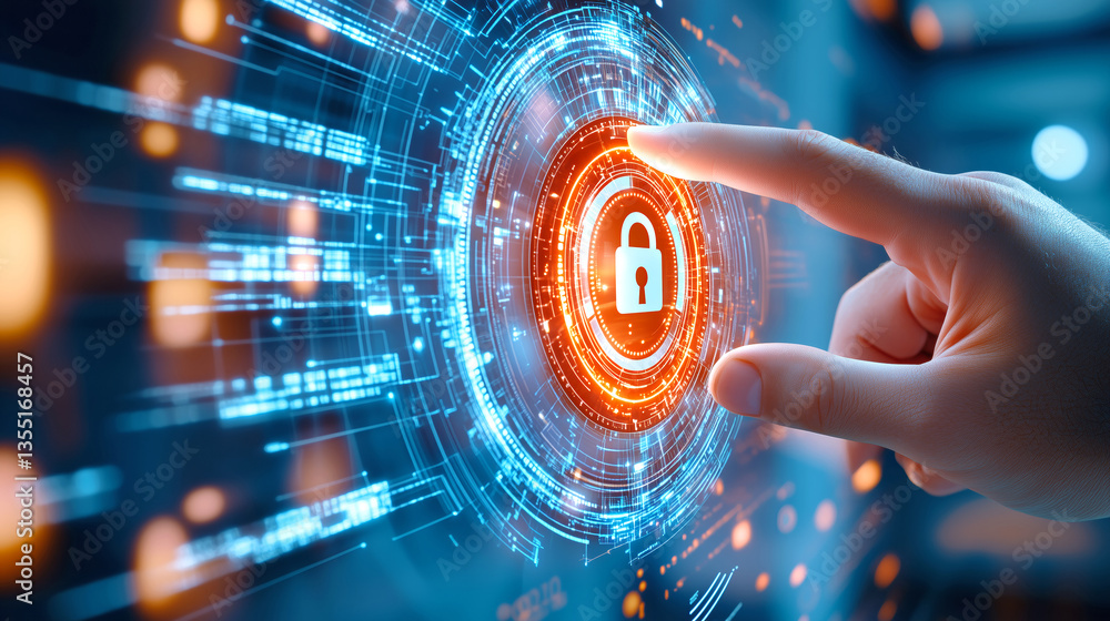Poster a hand interacts with a high-tech interface, pressing a glowing lock symbol surrounded by digital pa