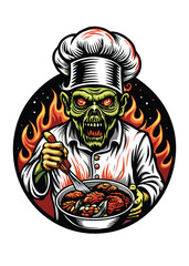 A decayed zombie chef, wearing a soiled chef's hat, stirs a bubbling cauldron of unknown ingredients.  His expression is unsettling.