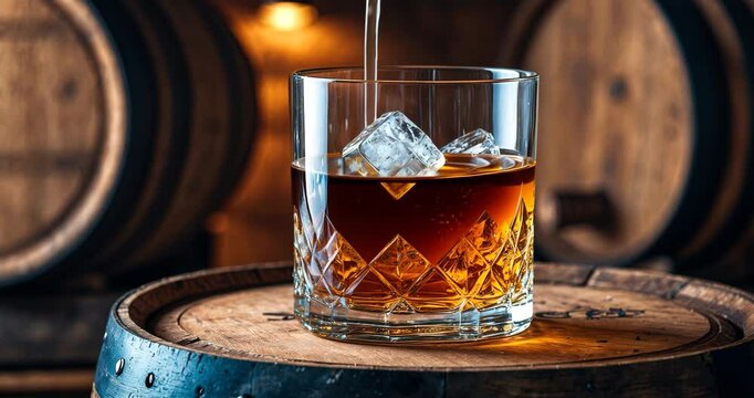 Bottle and glass of whiskey with ice on a wooden surface. Glass of whiskey and ice rests on a handcrafted barrel. Whiskey with ice.