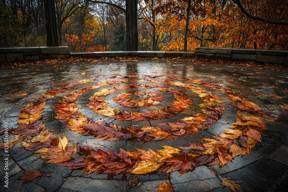 Poster autumn leaves arranged in a spiral pattern on a wet stone pavement, creating a natural mandala in a 