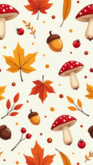 autumn leaves mushrooms acorns berries form cute colorful seamless vector pattern design