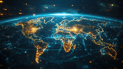 Global network connections illuminate the world map.