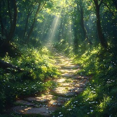 Fototapeta premium Mystical forest sunlight beams green nature path high resolution hd image
