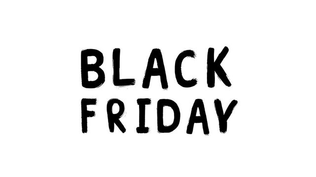 Animated "BLACK FRIDAY" text in bold black hand-drawn letters on a clean white background. The minimalistic and playful marker style is perfect for promotional videos, sales banners, discount ads, and