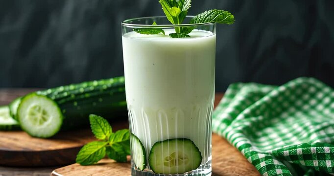 Ayran beverage with mint and cucumber in a glass placed on a wooden table.