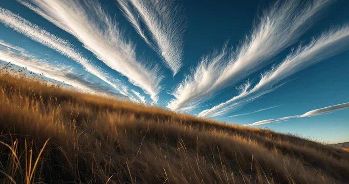 Autumn overview prior to sunset with tall hillside grass in a nature reserve beneath high clouds on a windy afternoon.