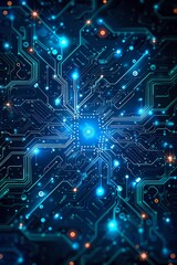 Glowing Circuit Board Pattern with Blue Light and Data Flow