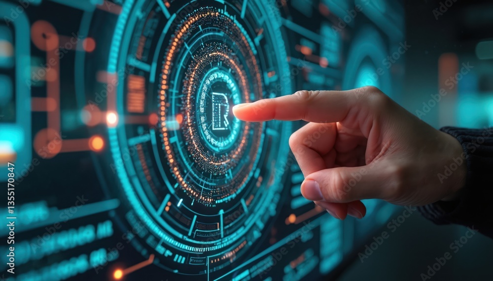 Poster human finger touching futuristic interface with digital data, holographic elements. concept modern t